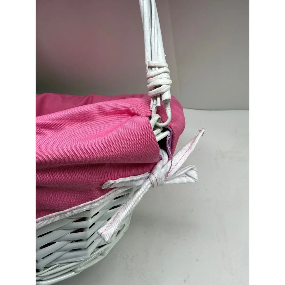 White Wicker Easter Basket with Pink Initial J Embroidered Liner and Handle